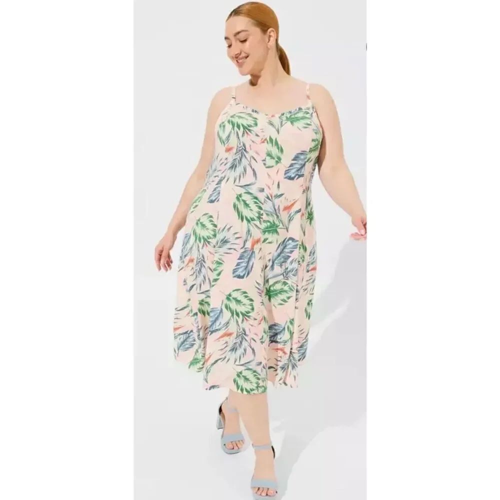 Torrid 4XL Midi Challis Sleeveless Trapeze Dress soft pink palm leaves vacation